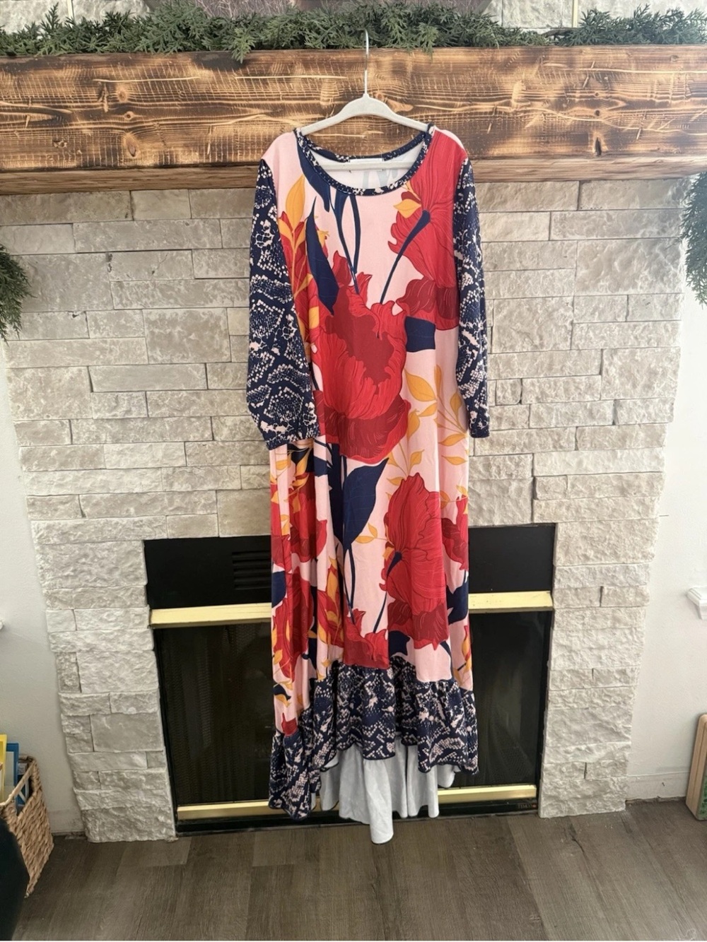 Girls' Floral Maxi Dress with Navy Contrast Sleeves - Pink & Red